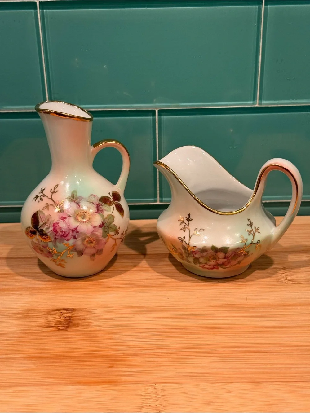 Vintage Bavaria Floral Porcelain Creamer and Pitcher Set in White with Gold Trim